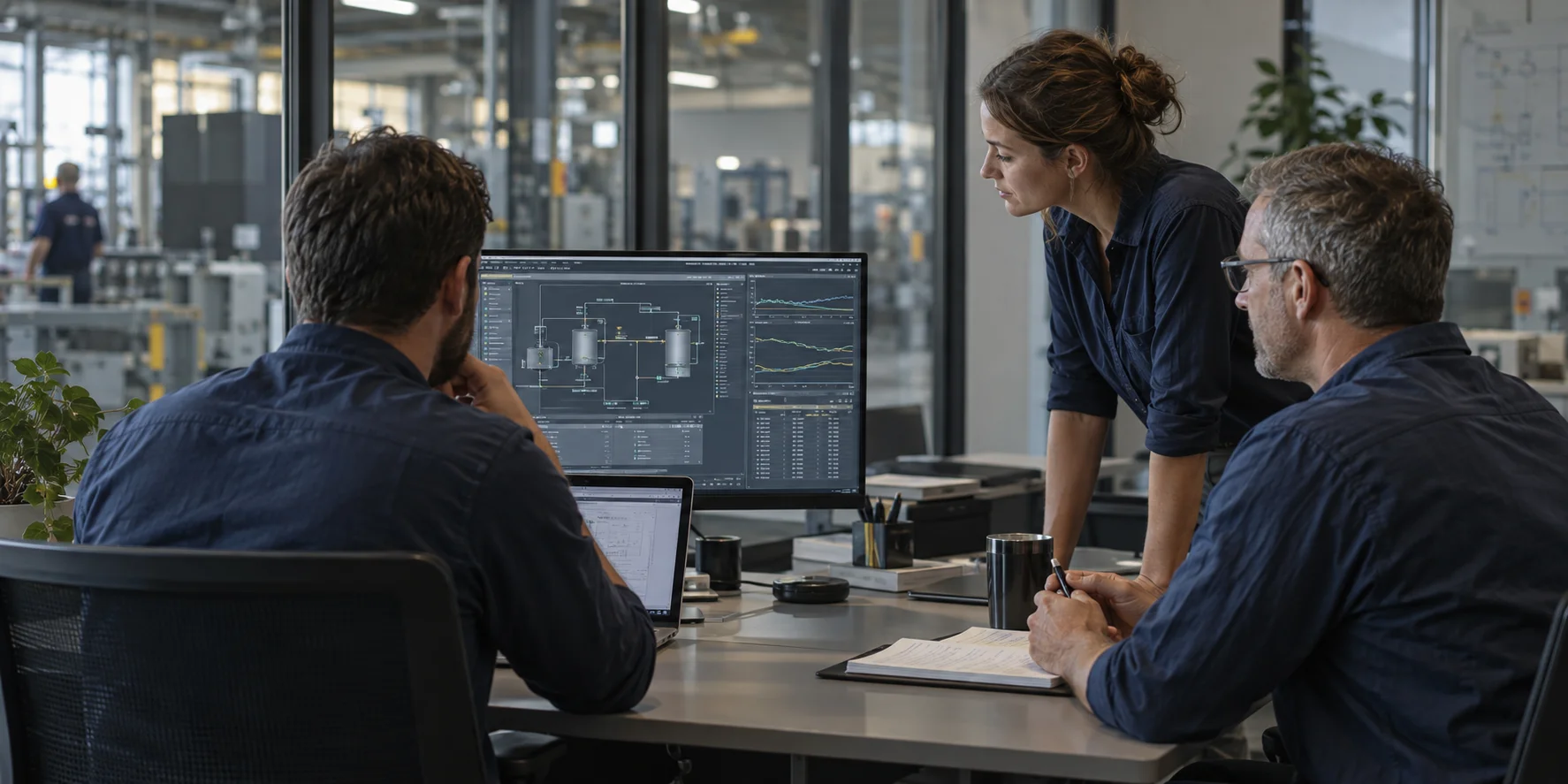 Illustrative scene of engineers reviewing operational software together